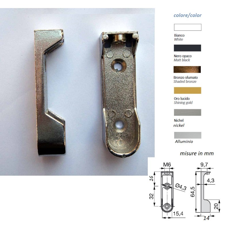 Supporto laterale per tubo ovale da armadio, di sezione mm 30 x 15