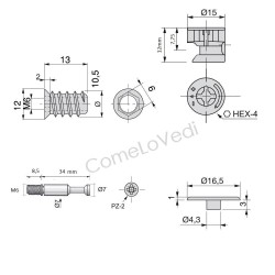 20 giunzioni per mobili ad eccentrico, diametro 15mm. Lungo12,5mm per pannelli di spessore 16mm