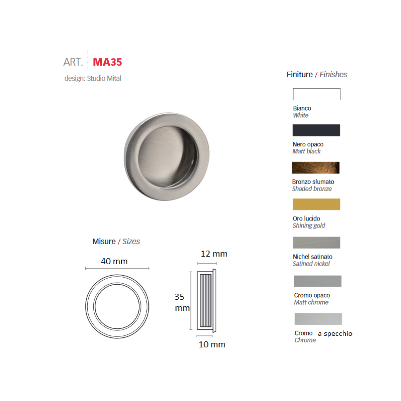 Maniglia da incasso per mobili, foro 35mm, in metallo