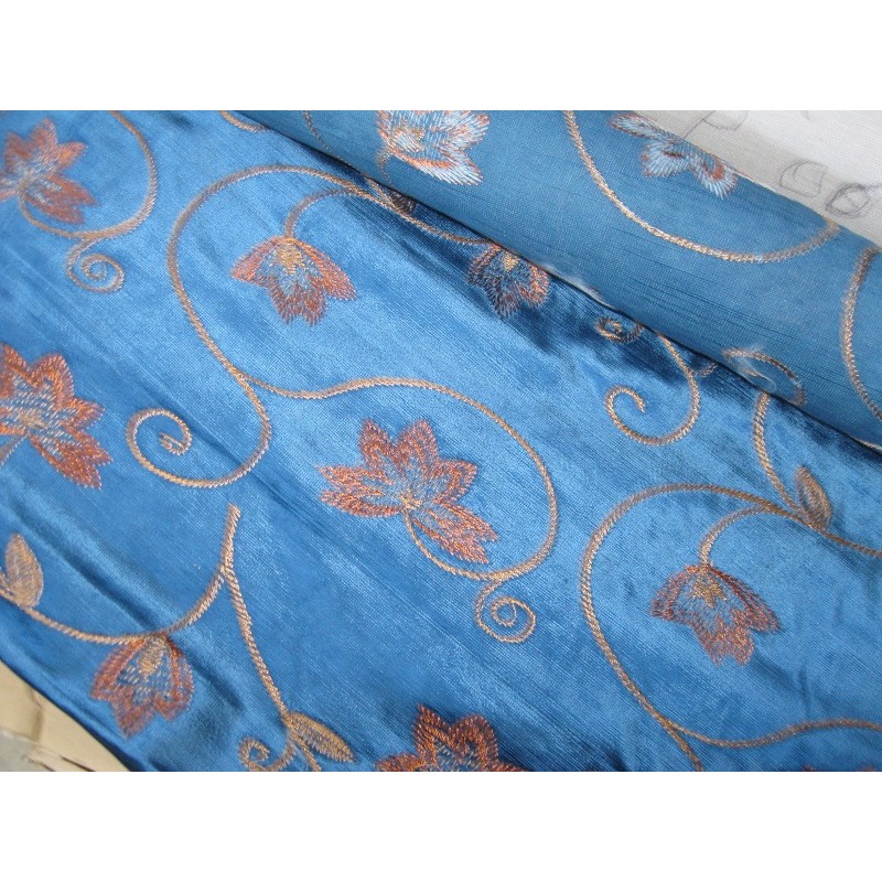 Tessuto in velluto blu, ricamo foglie marrone, stoffa per arredamento, borse, bricolage