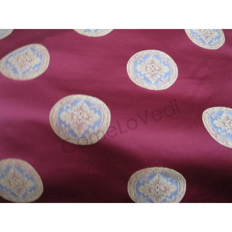 Tessuto di raso leggero rosso a medaglioni beige/grigi, stoffa per arredamento, bricolage, borse