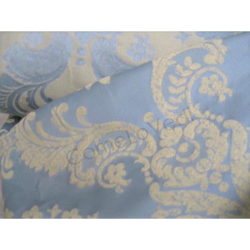 Tessuto di raso leggero azzorro cielo con disegni impero panna, stoffa per arredamento, bricolage, cuscini