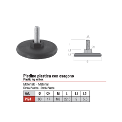 piedino livellatore regolabile diametro 60mm, filetto M8x22mm
