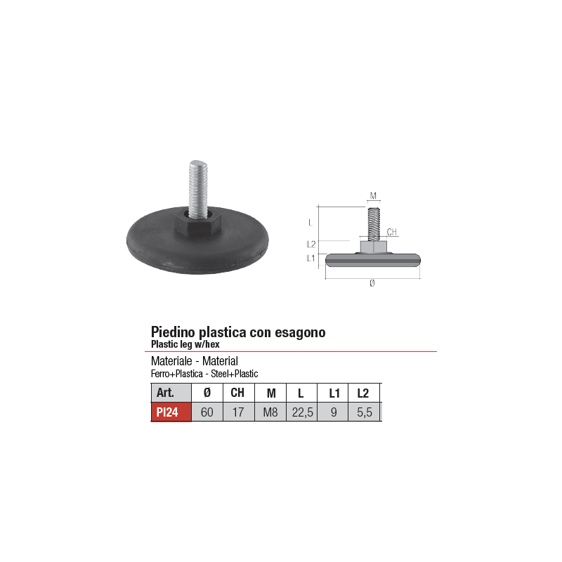 piedino livellatore regolabile diametro 60mm, filetto M8x22mm