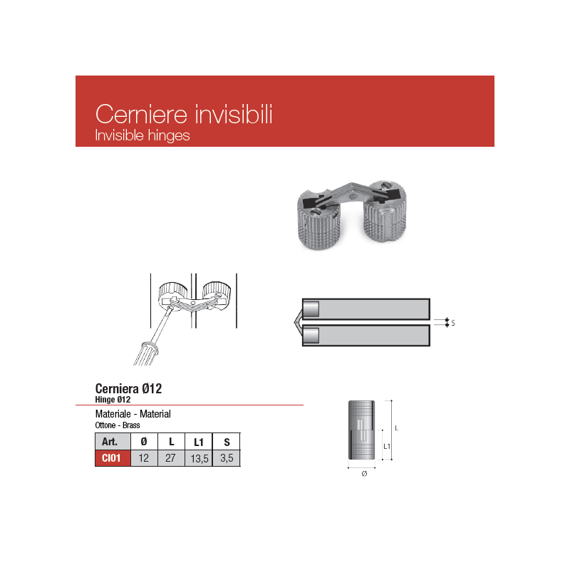 Cerniera da incasso per mobile cilindrica in ottone, diametro 12mm