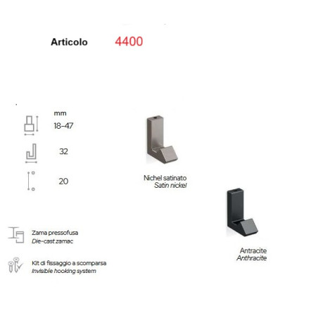 Gancio appendiabiti in metallo, Mital 4400, scegliere colore