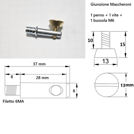 Giunzione per mobili e pannelli BMD Mascheroni, perno 37mm, vite d.13 x 15mm, ORO