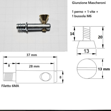Giunzione per mobili e pannelli BMD Mascheroni, perno 37mm, vite d.13 x 20mm, ORO