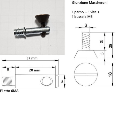 Giunzione per mobili e pannelli BMD Mascheroni, perno 37mm, vite d.18 x 25mm, BRONZO