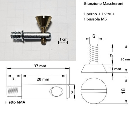Giunzione per mobili e pannelli BMD Mascheroni, perno 37mm, vite d.18 x 30mm, ORO