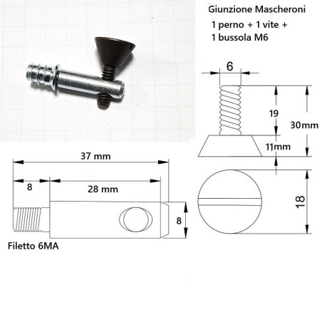 Giunzione per mobili e pannelli BMD Mascheroni, perno 37mm, vite d.18 x 30mm, BRONZO